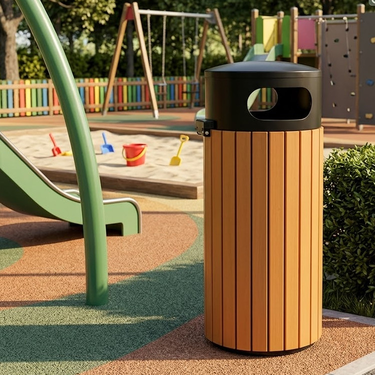 Poubelle exterieure dans un parc pour enfant