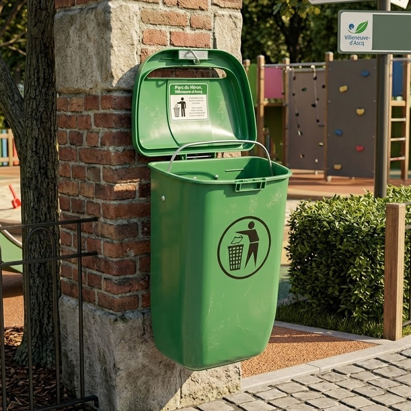 Poubelle exterieure à l'entrée d'un parc urbain