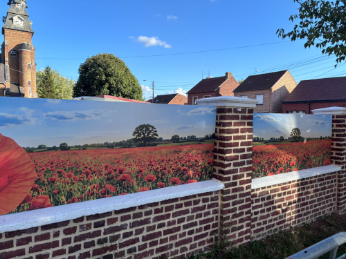 Le panoramique coquelicots sur le mur d'enceinte de l'école — un hommage au territoire des Hauts-de-France, visible depuis la rue par tous les habitants de Lorgies. Panneau panoramique coquelicots — mur d'enceinte côté rue