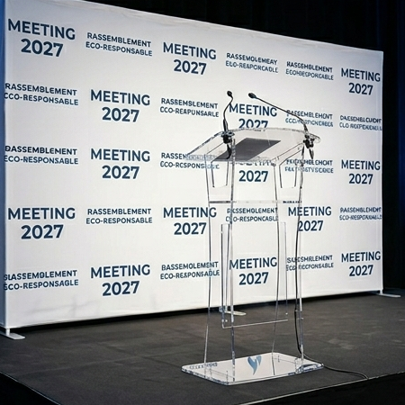 Un mur d'image personnalisé et un pupitre pour un meeting politique Un mur d'image personnalisé et un pupitre pour un meeting politique