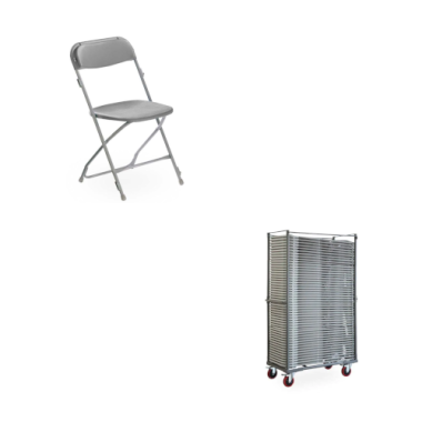 Lot de chaises pliantes grises et chariot de stockage