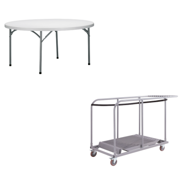 Lot de 12 tables pliantes rondes Ecolight 152 cm + chariot