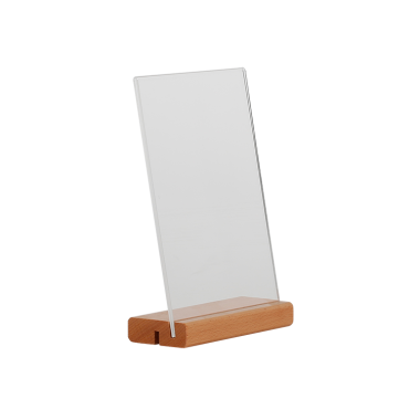 Porte-affiche PET transparent avec socle bois naturel A5